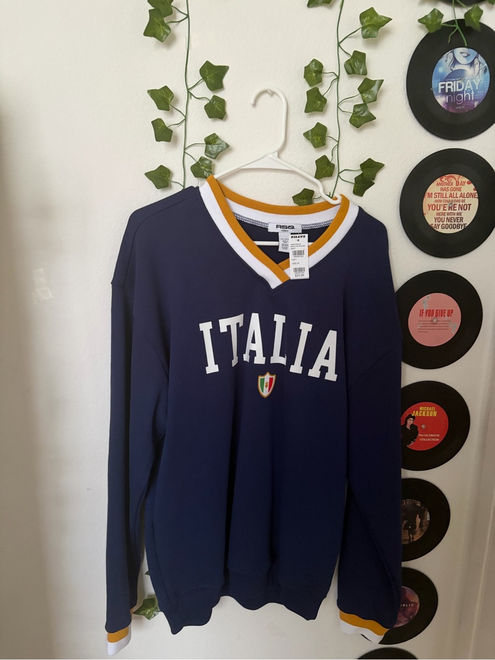 RSQ Italia Navy V-Neck Sweater with Gold & White Trim